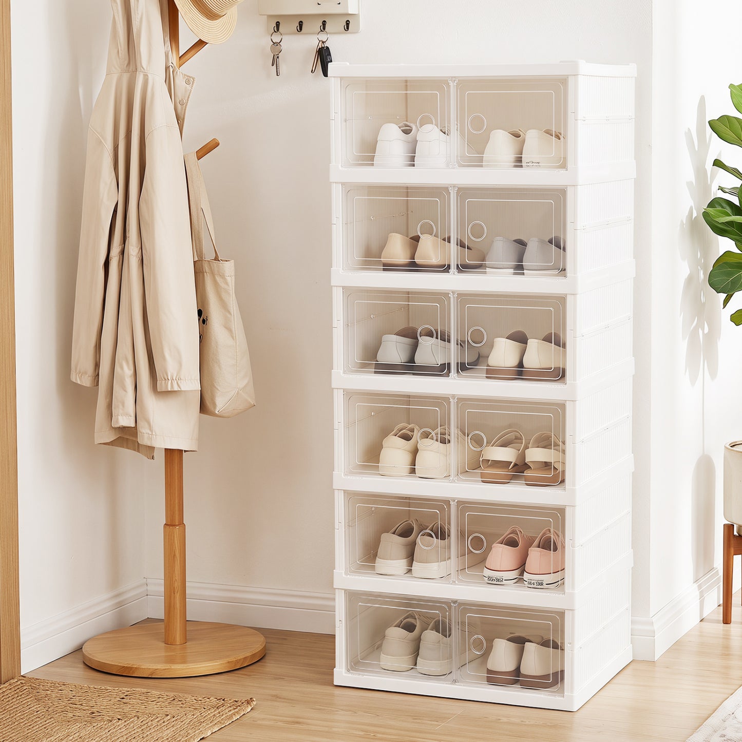 6-Tier Shoe Organizer with Clear Doors and Portable Design for 12 Pairs-White
