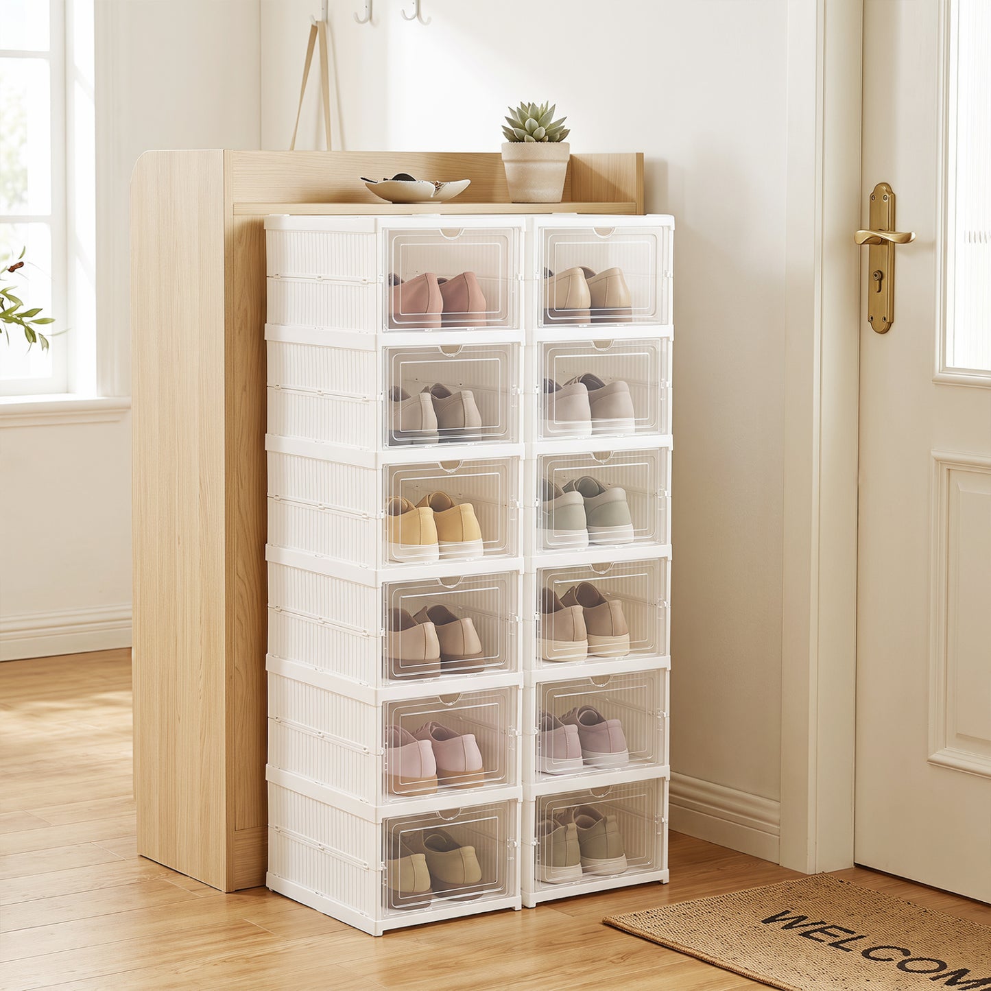 6-Tier Shoe Organizer Set of 2 with Clear Doors and Portable Design for 12 Pairs-White