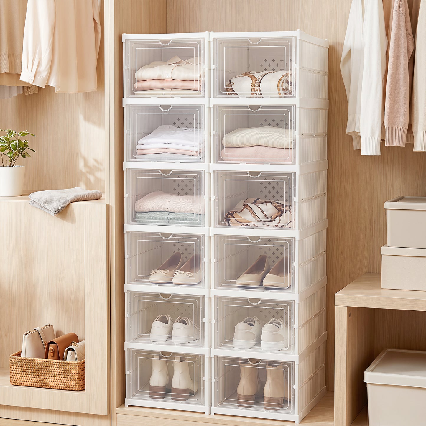 6-Tier Shoe Organizer Set of 2 with Clear Doors and Portable Design for 12 Pairs-White