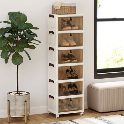 6-Tier Stackable Shoe Box with Lid Doors and Lockable Wheels-White