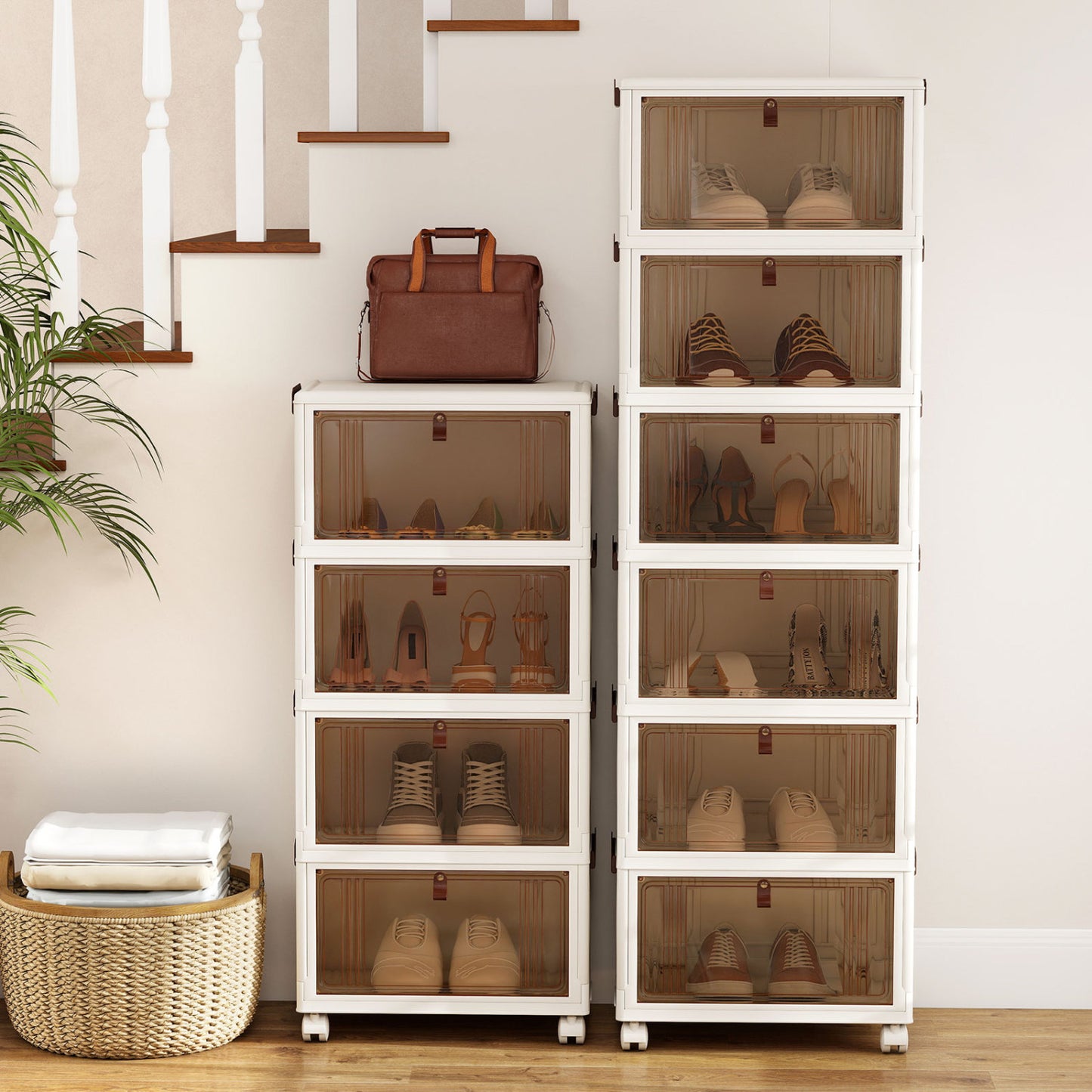 6-Tier Stackable Shoe Box with Lid Doors and Lockable Wheels-White