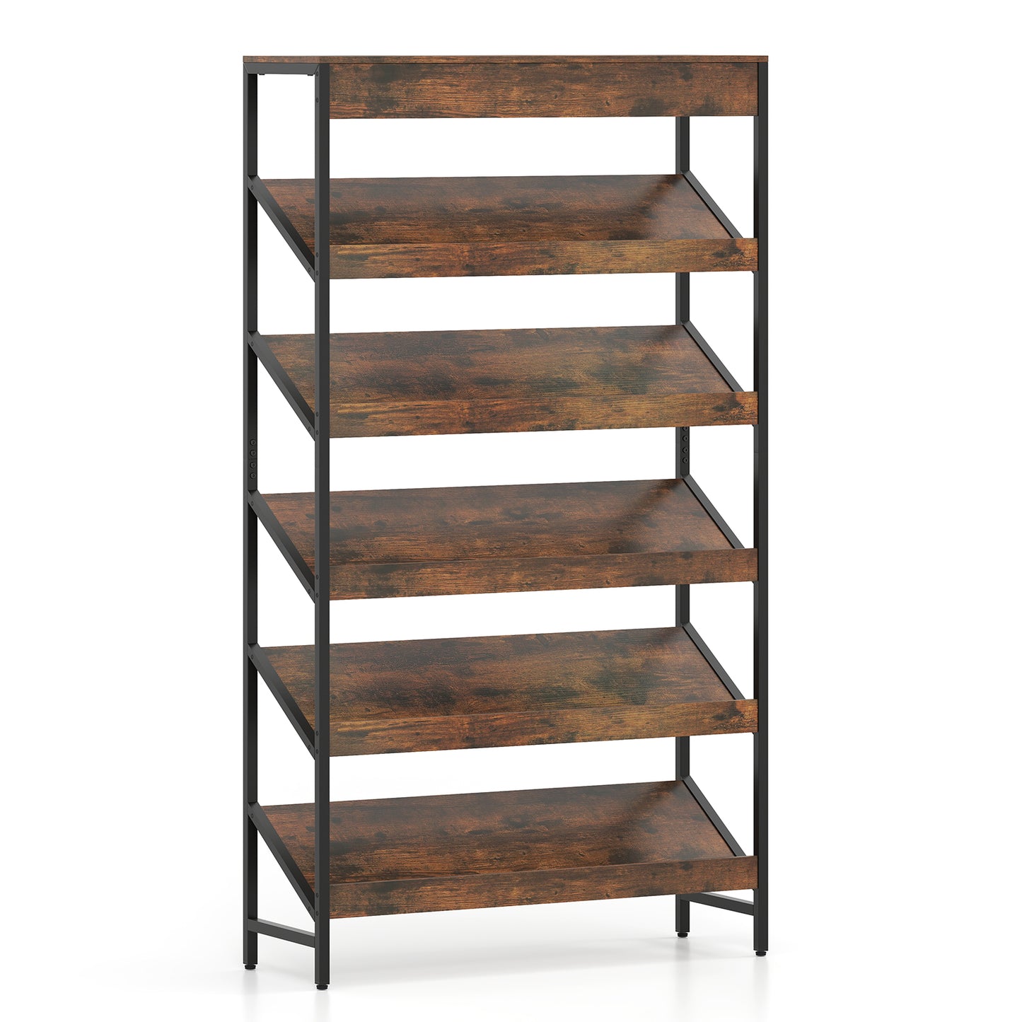 6-Tier Tall Freestanding Bookshelf with Angled Shelves for Home Office-Rustic Brown
