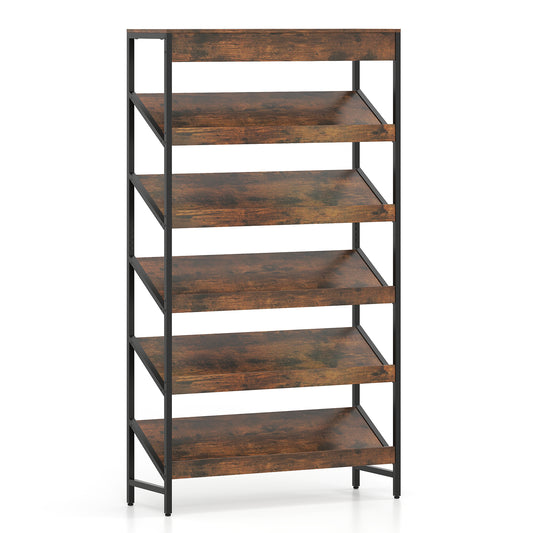6-Tier Tall Freestanding Bookshelf with Angled Shelves for Home Office-Rustic Brown