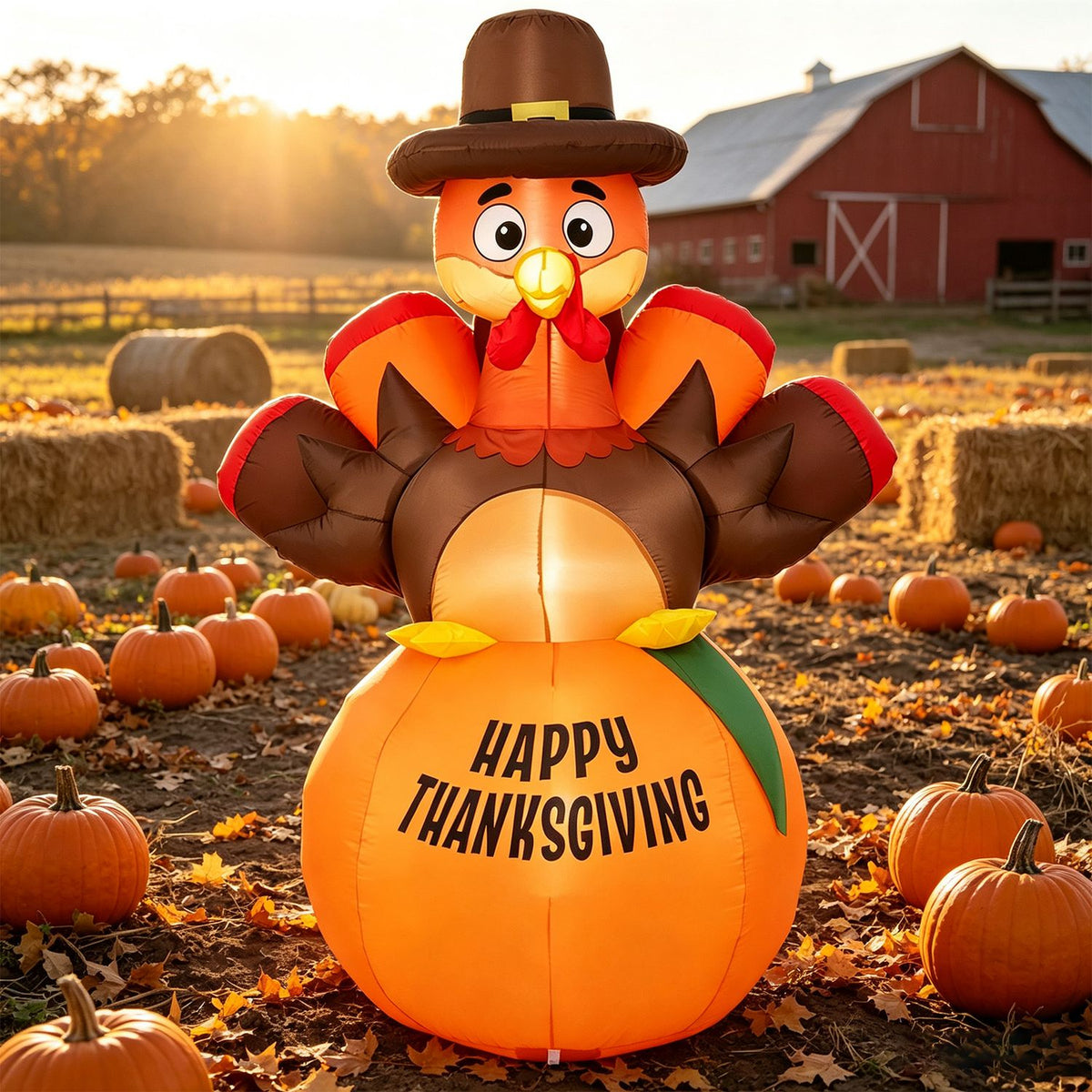 6-foot inflatable Thanksgiving turkey yard decoration with "Happy Thanksgiving" message, perfect for holiday outdoor decor.