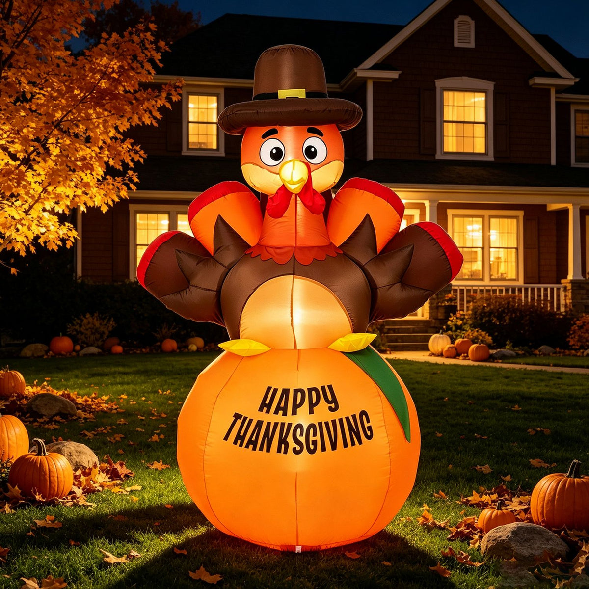6-foot inflatable turkey Thanksgiving yard decoration from Wilsons Home Store, featuring festive fall holiday decor for outdoor display.
