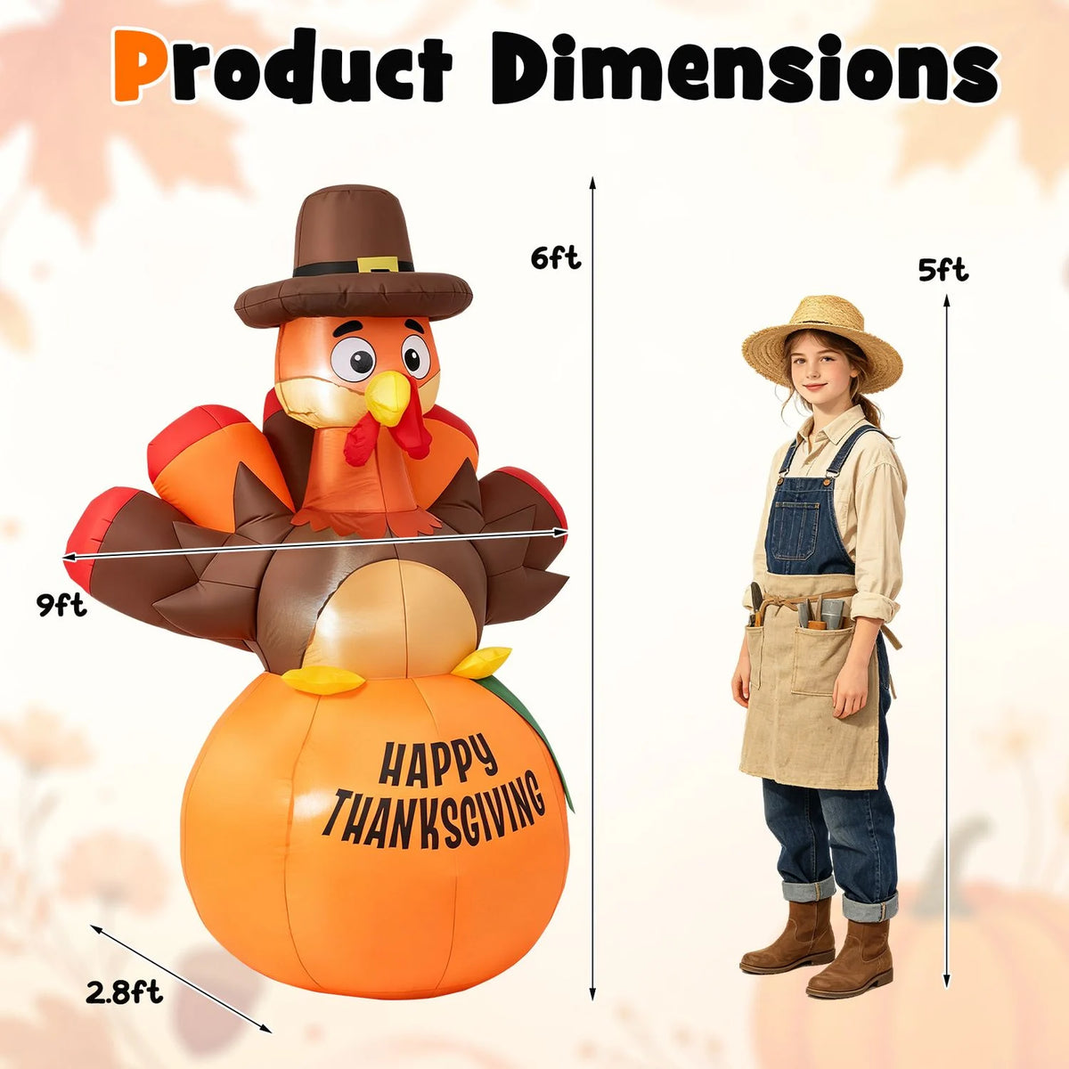 6-foot inflatable turkey yard decoration for Thanksgiving with a "Happy Thanksgiving" message, perfect holiday outdoor decor.