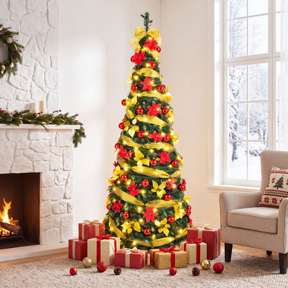 6 ft Pop Up 8 Lighting Modes Christmas Tree with Satin Ribbon and 50 Christmas Balls