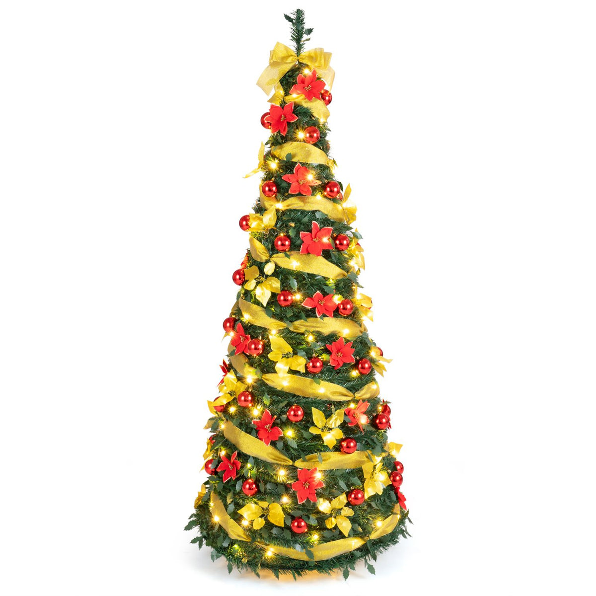 6 ft Pop Up 8 Lighting Modes Christmas Tree with Satin Ribbon and 50 Christmas Balls