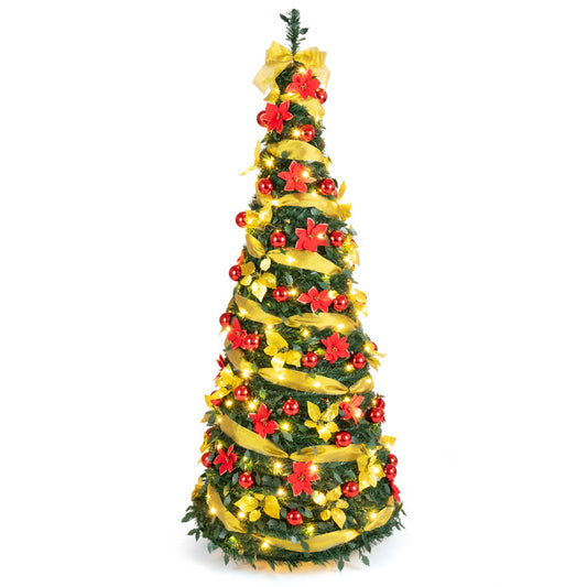 6-foot pop-up Christmas tree with satin ribbon, 50 Christmas balls, and 8 lighting modes for holiday decor.