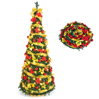 6 ft Pop Up 8 Lighting Modes Christmas Tree with Satin Ribbon and 50 Christmas Balls