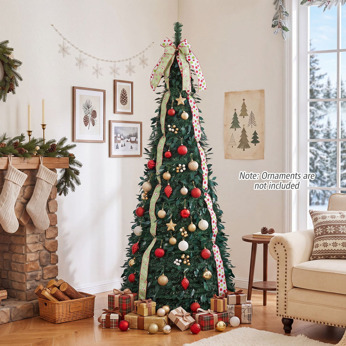 6 ft Pop Up Christmas Tree with PVC Holly Leaves 4 Festive Satin Ribbons and Top Christmas Bow