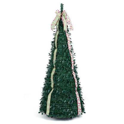 6 ft Pop Up Christmas Tree with PVC Holly Leaves 4 Festive Satin Ribbons and Top Christmas Bow