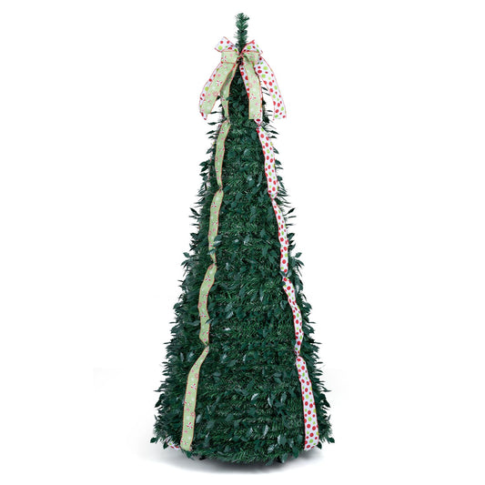 6 ft Pop Up Christmas Tree with PVC Holly Leaves 4 Festive Satin Ribbons and Top Christmas Bow