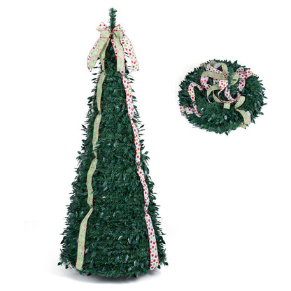 6 ft Pop Up Christmas Tree with PVC Holly Leaves 4 Festive Satin Ribbons and Top Christmas Bow