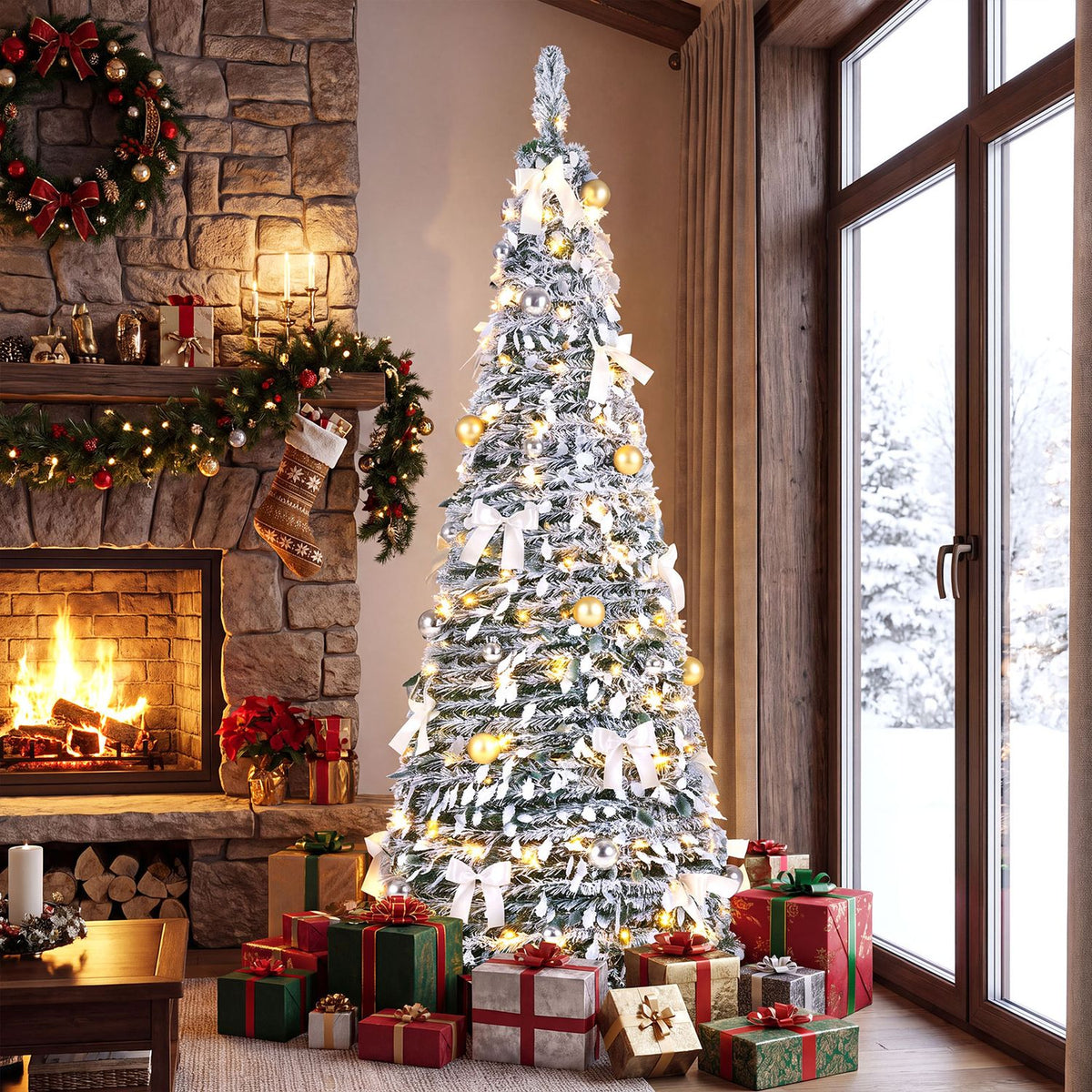 6 ft flocked pop-up Christmas tree with red and gold bows and assorted Christmas balls, holiday decor by Direct by Wilsons Home Store