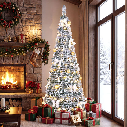 6 ft flocked pop-up Christmas tree with red and gold bows and assorted Christmas balls, holiday decor by Direct by Wilsons Home Store