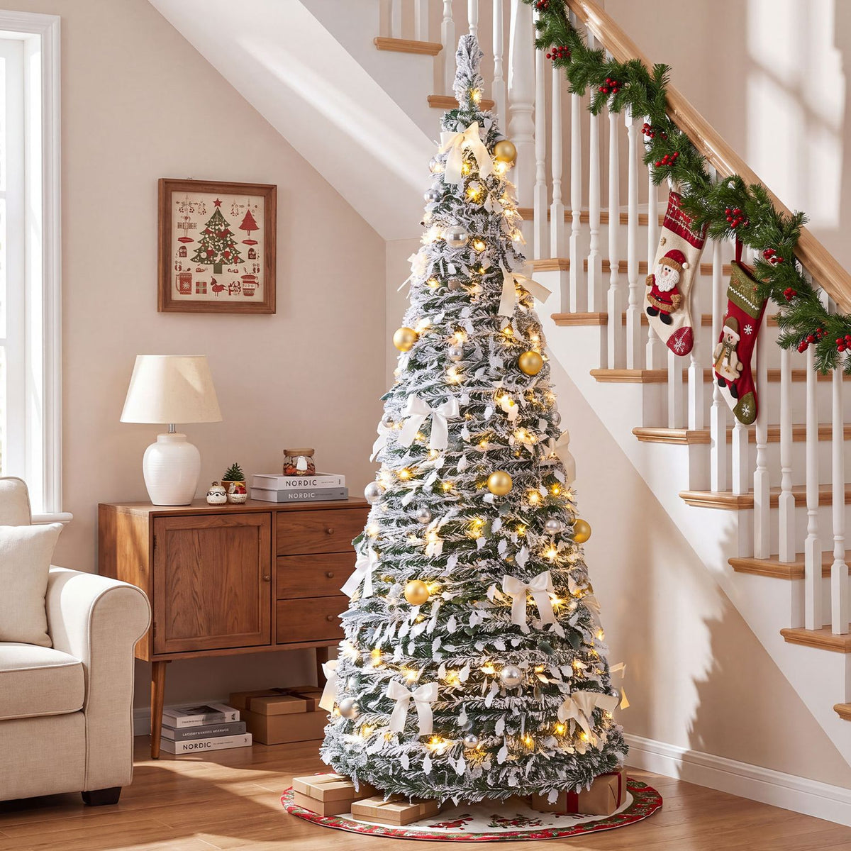 6 ft flocked pop-up Christmas tree decorated with 20 bows and 35 Christmas balls, holiday decor from Wilsons Home Store