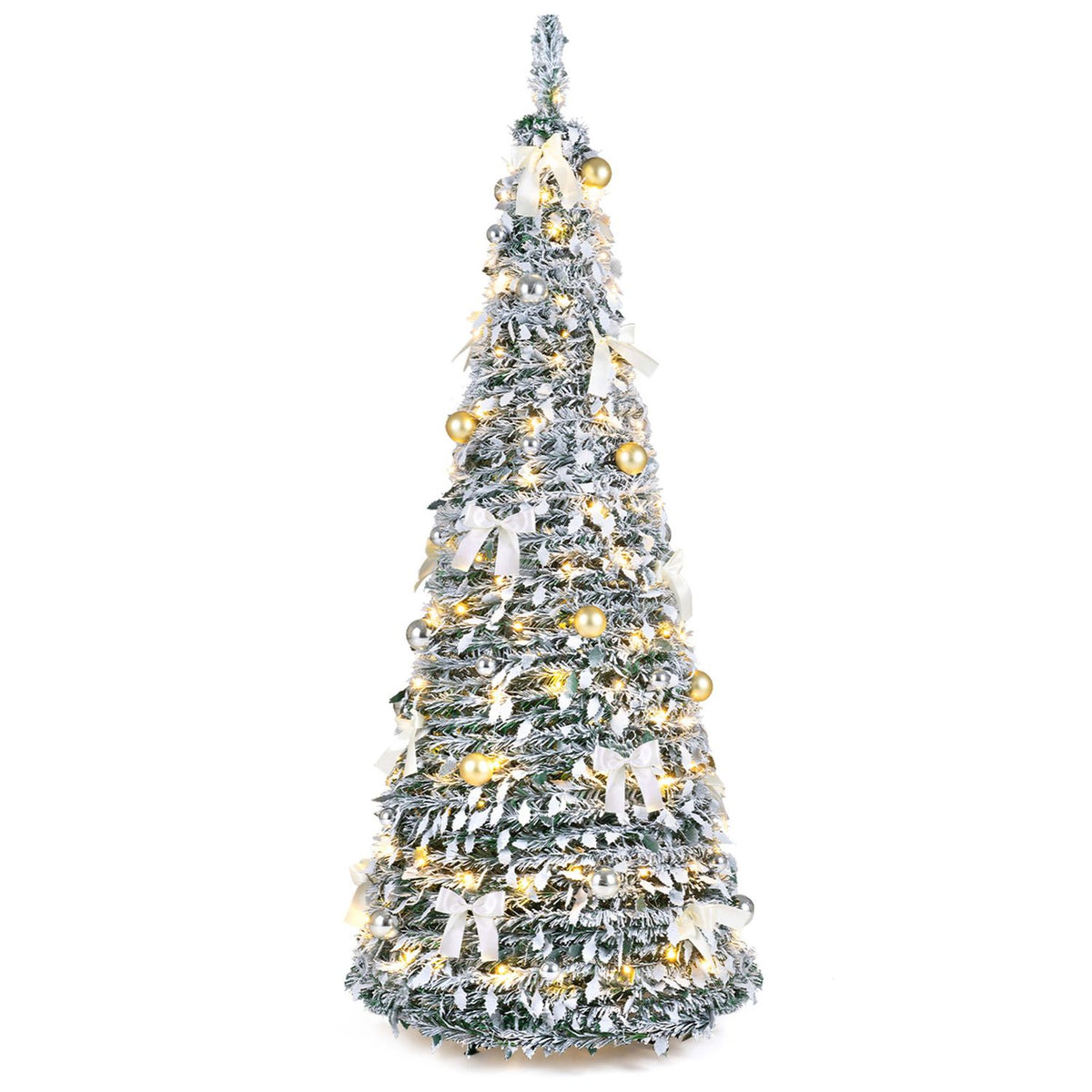 6 ft flocked pop-up Christmas tree decorated with 20/30 Christmas bows and 35 Christmas balls, holiday decor by Wilsons Home Store