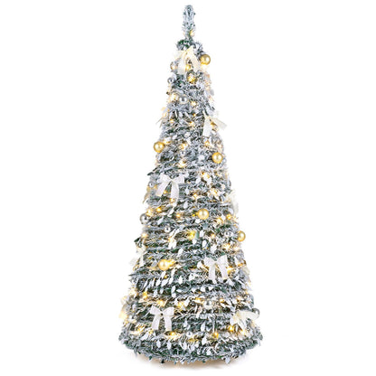 6 ft flocked pop-up Christmas tree decorated with 20/30 Christmas bows and 35 Christmas balls, holiday decor by Wilsons Home Store