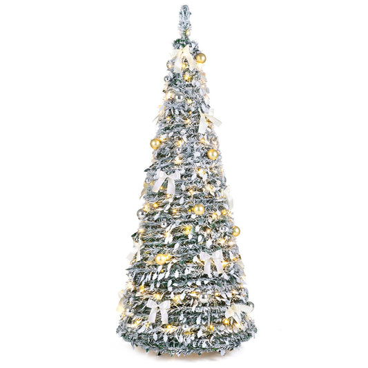 6 ft flocked pop-up Christmas tree decorated with 20/30 Christmas bows and 35 Christmas balls, holiday decor by Wilsons Home Store