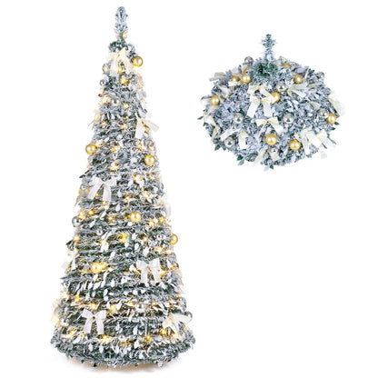6 ft flocked pop-up Christmas tree with pink bows and red and gold Christmas balls, holiday decor for festive celebrations