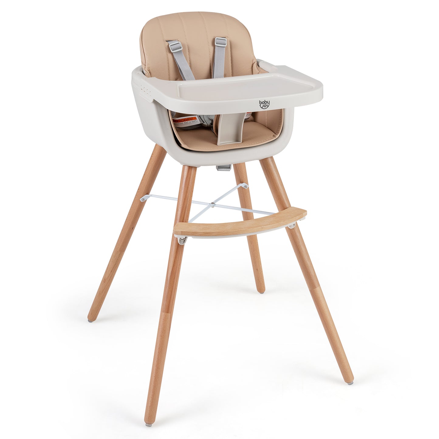 6-in-1 Convertible Wooden Highchair with Safety Harness and Adjustable Legs-Light Brown