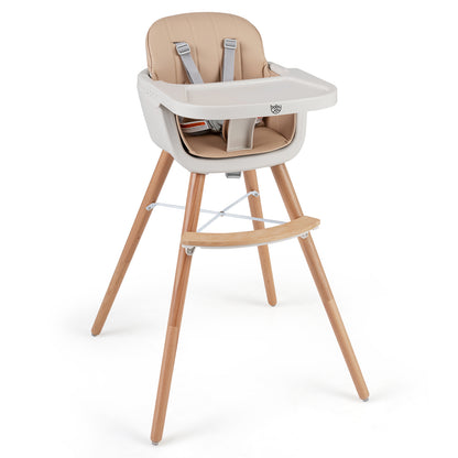6-in-1 Convertible Wooden Highchair with Safety Harness and Adjustable Legs-Light Brown