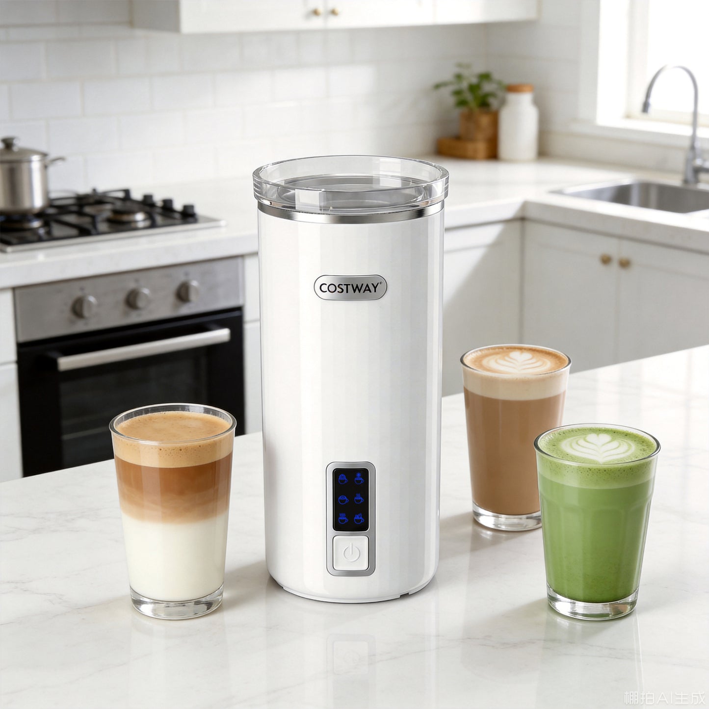 White 6-in-1 electric milk steamer with stainless steel interior, compact kitchen appliance for heating and frothing milk.