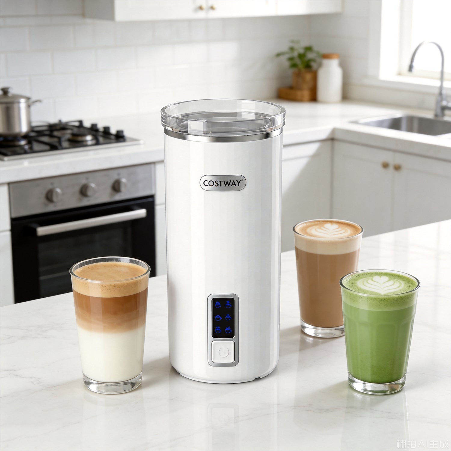 White 6-in-1 electric milk steamer with stainless steel interior, compact kitchen appliance for heating and frothing milk.