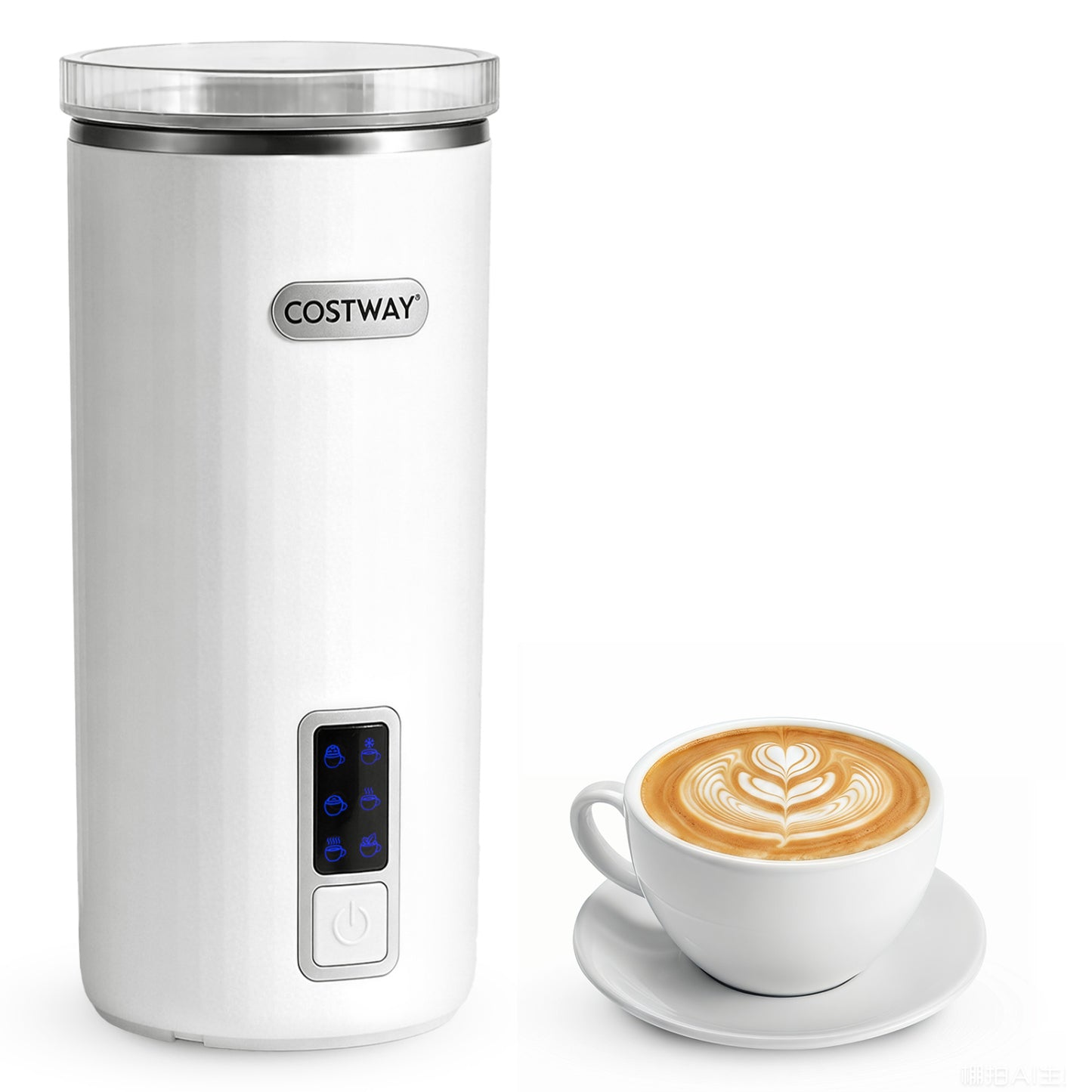 White 6-in-1 electric milk steamer with stainless steel interior, compact kitchen appliance for heating and frothing milk.