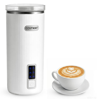 White 6-in-1 electric milk steamer with stainless steel interior, compact kitchen appliance for heating and frothing milk.