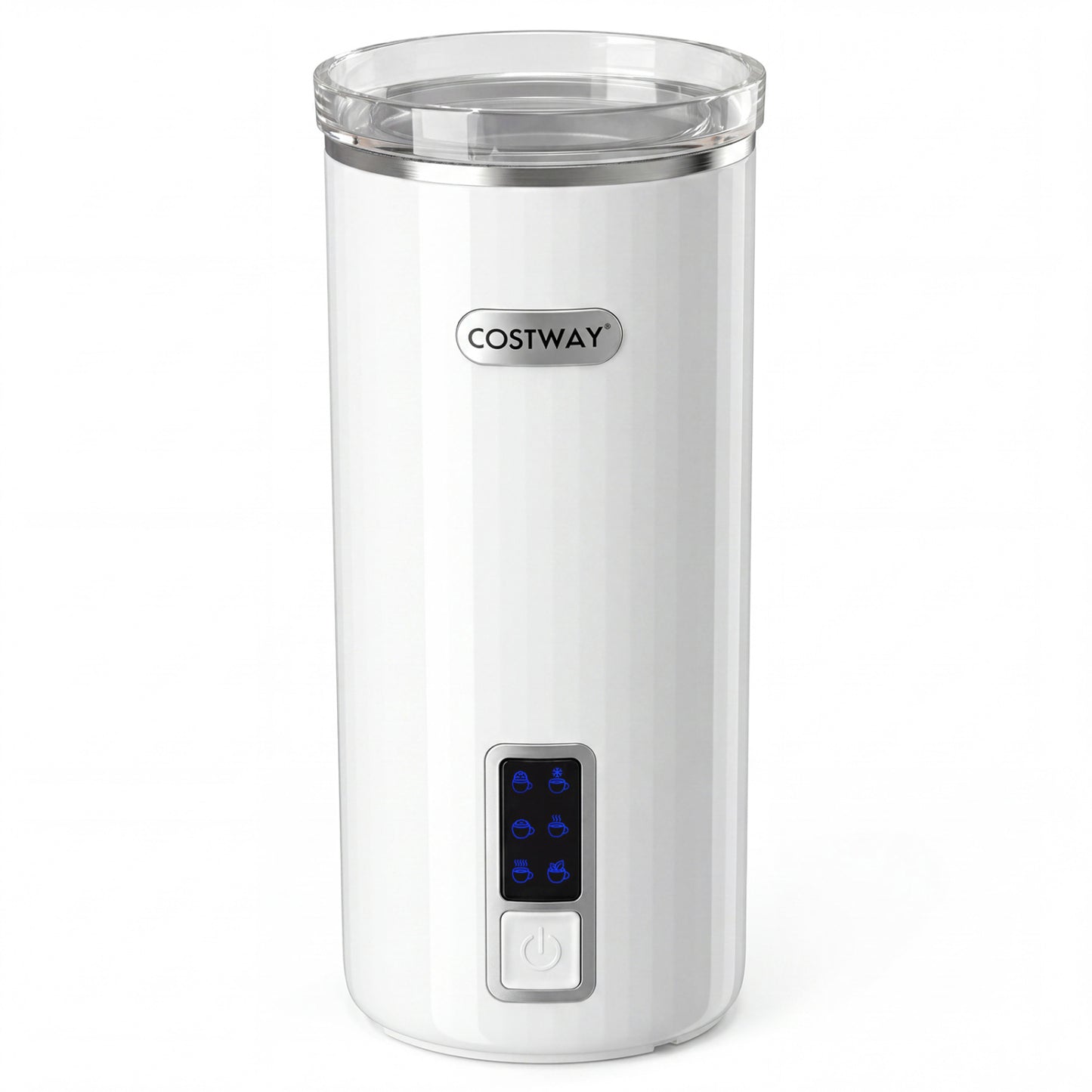 White 6-in-1 electric milk steamer with stainless steel interior, compact kitchen appliance for heating and frothing milk.