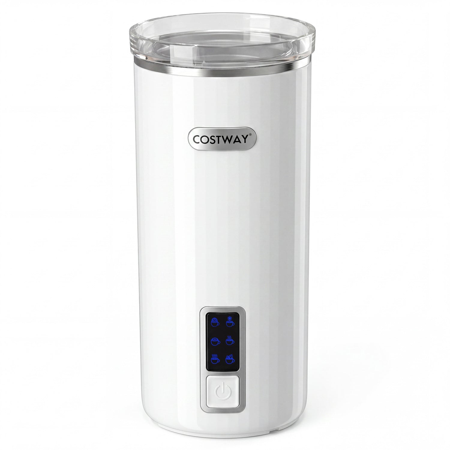 White 6-in-1 electric milk steamer with stainless steel interior, compact kitchen appliance for heating and frothing milk.