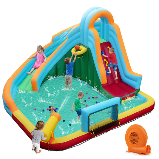 Colorful 6-in-1 inflatable water slide park with pool and slides, powered by 750W blower, for outdoor yard fun.