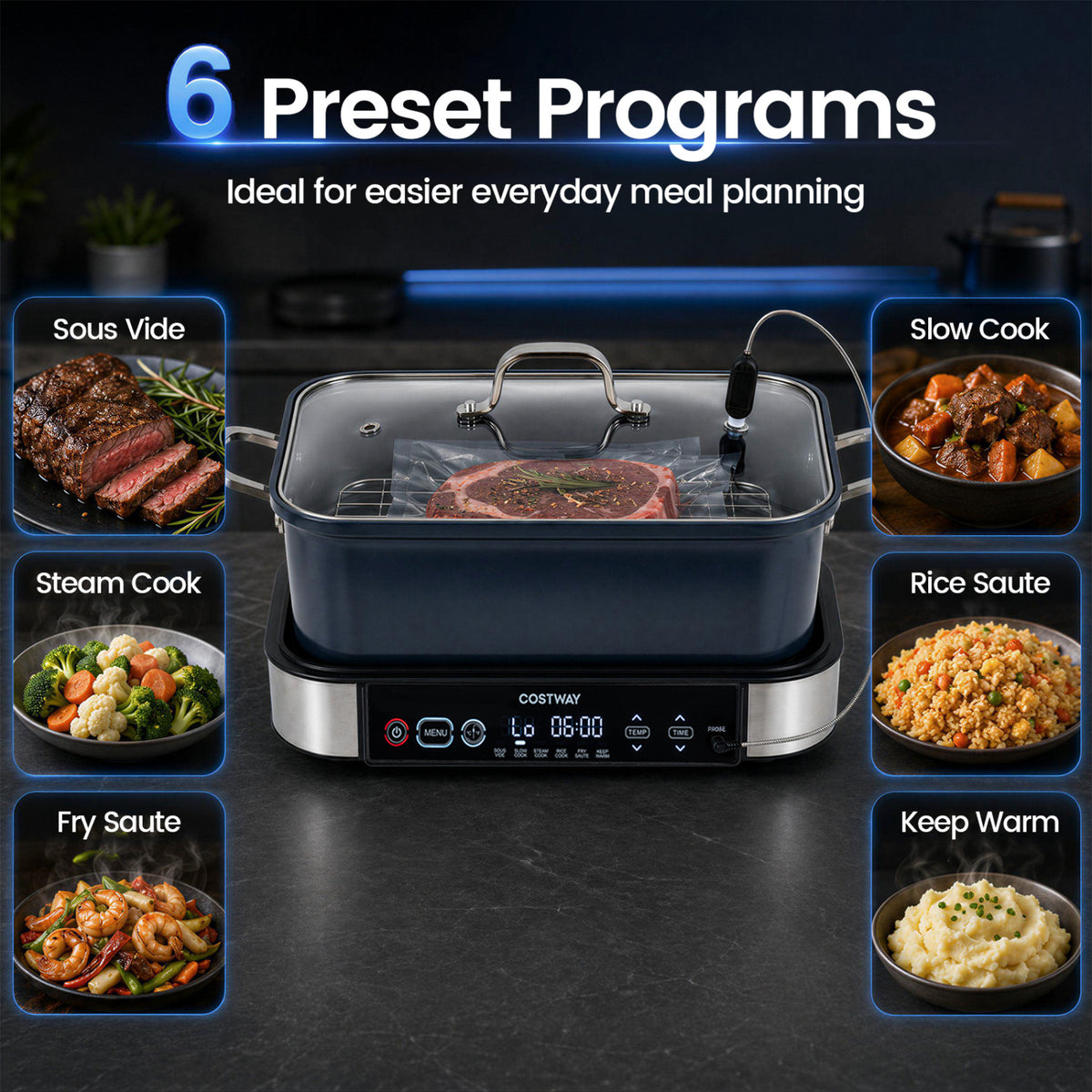 Wilson's Home Store 6-in-1 programmable slow cooker with keep warm and adjustable timer functions, kitchen cookware.