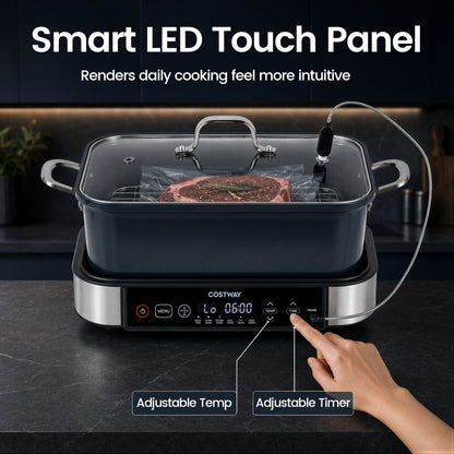 Black 6-in-1 programmable slow cooker with digital control, keep warm function, and adjustable timer for versatile kitchen use.