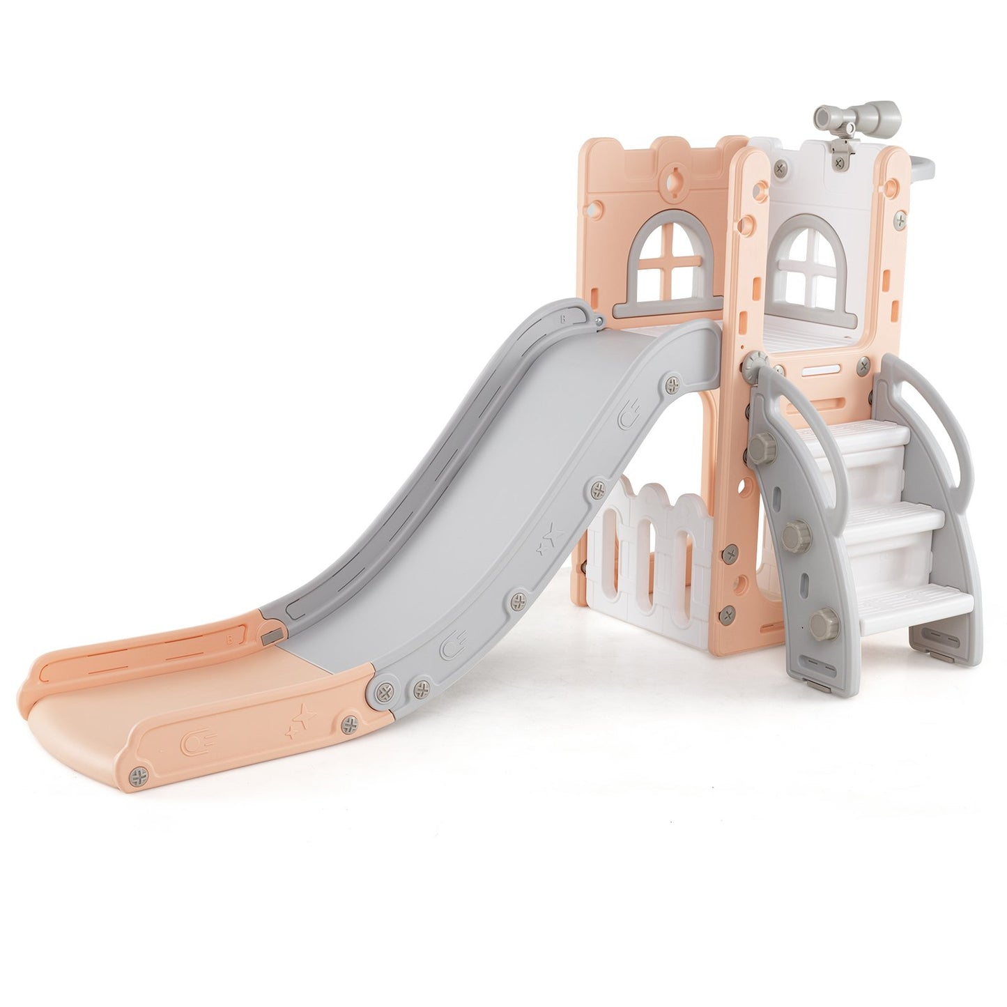 6-in-1 Toddler Slide L-shaped Playground with Basketball Hoop and Ladder-Gray