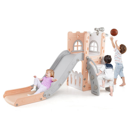 6-in-1 Toddler Slide L-shaped Playground with Basketball Hoop and Ladder-Gray