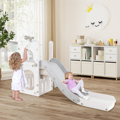 6-in-1 Toddler Slide L-shaped Playground with Basketball Hoop and Ladder-Gray