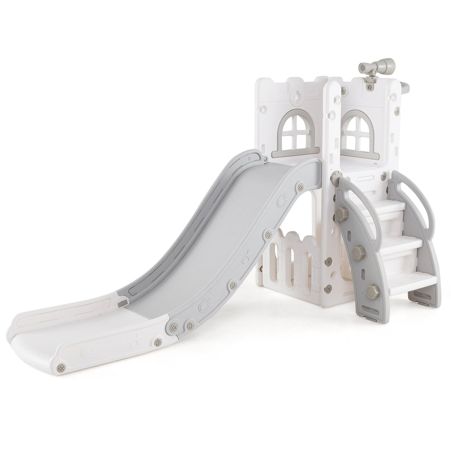 6-in-1 Toddler Slide L-shaped Playground with Basketball Hoop and Ladder-Gray
