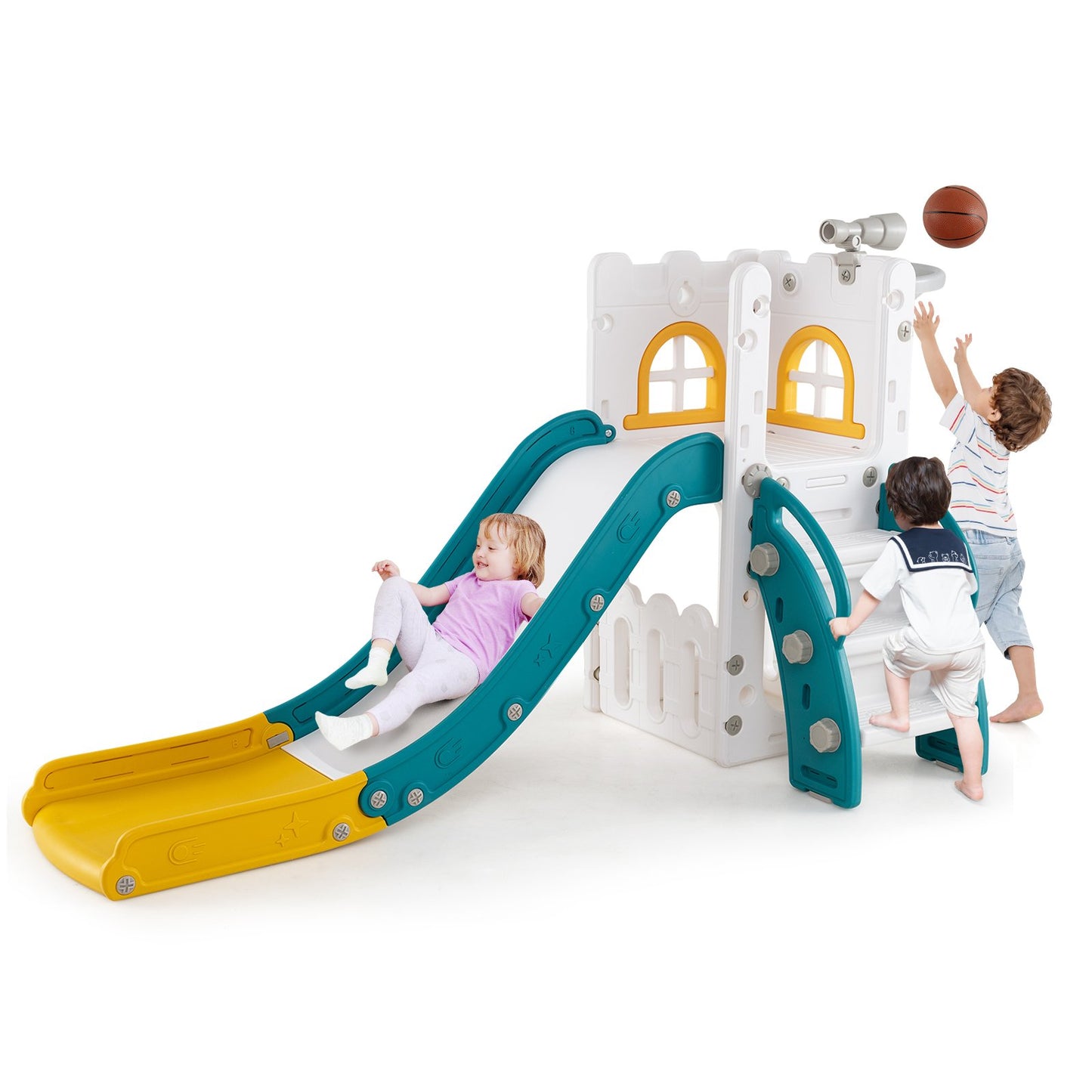 6-in-1 Toddler Slide L-shaped Playground with Basketball Hoop and Ladder-Gray