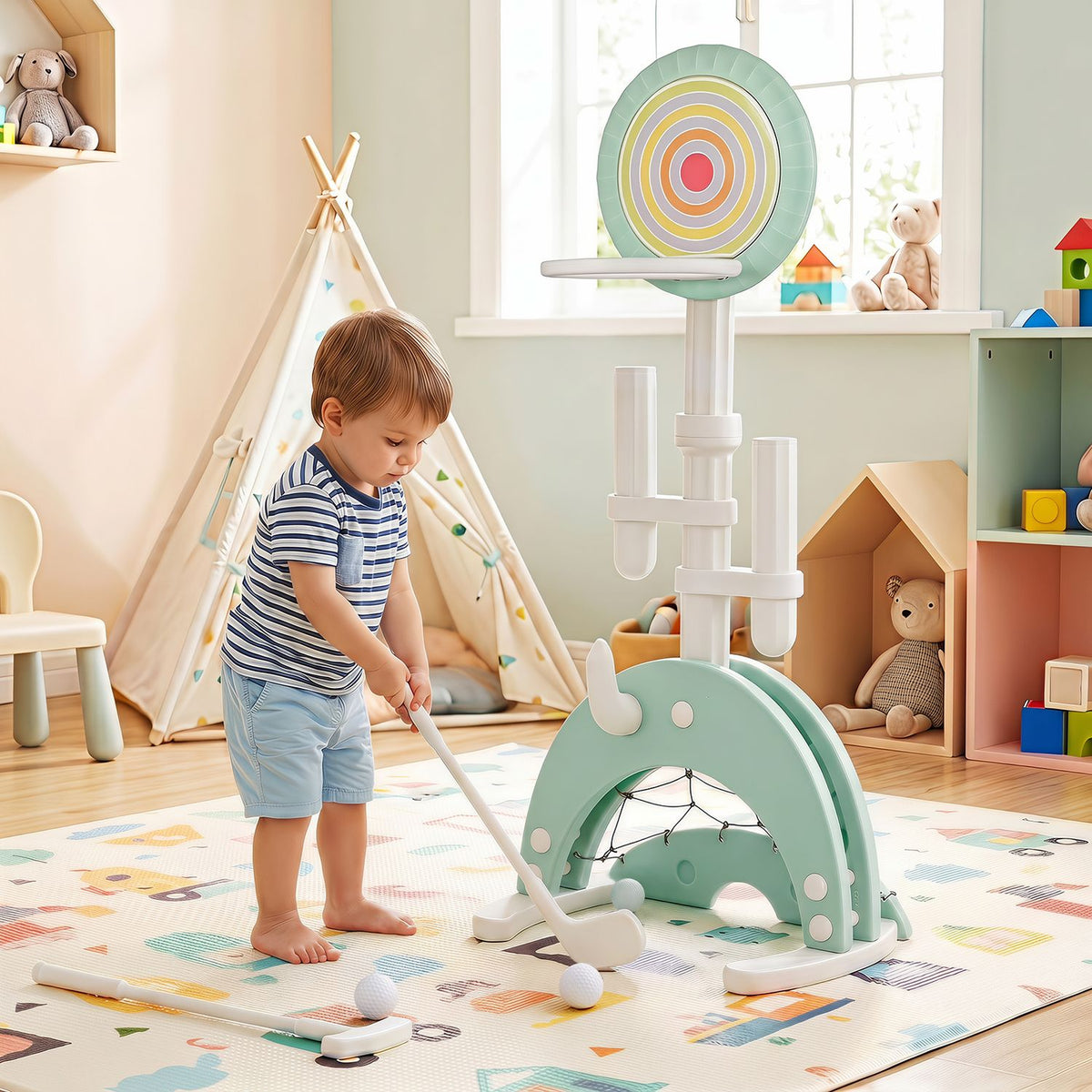 6-in-1 Toddler Basketball Hoop with 8 Adjustable Height for Indoor Outdoor 3+ Years-Gray