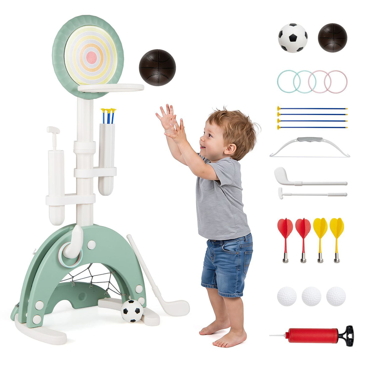 6-in-1 Toddler Basketball Hoop with 8 Adjustable Height for Indoor Outdoor 3+ Years-Gray