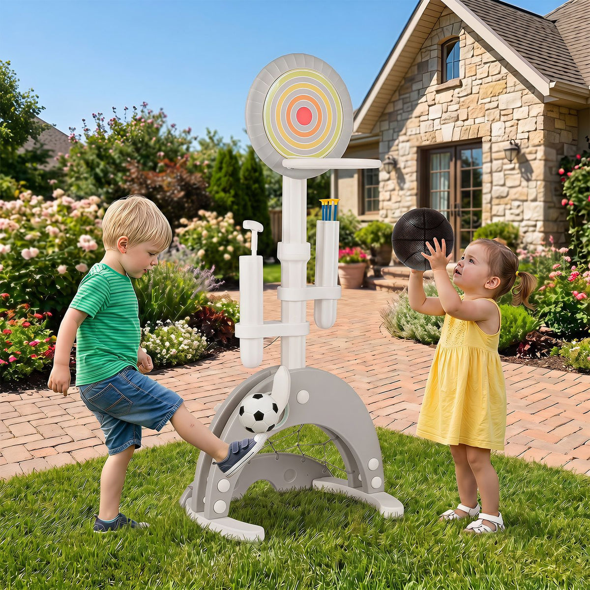 6-in-1 Toddler Basketball Hoop with 8 Adjustable Height for Indoor Outdoor 3+ Years-Gray