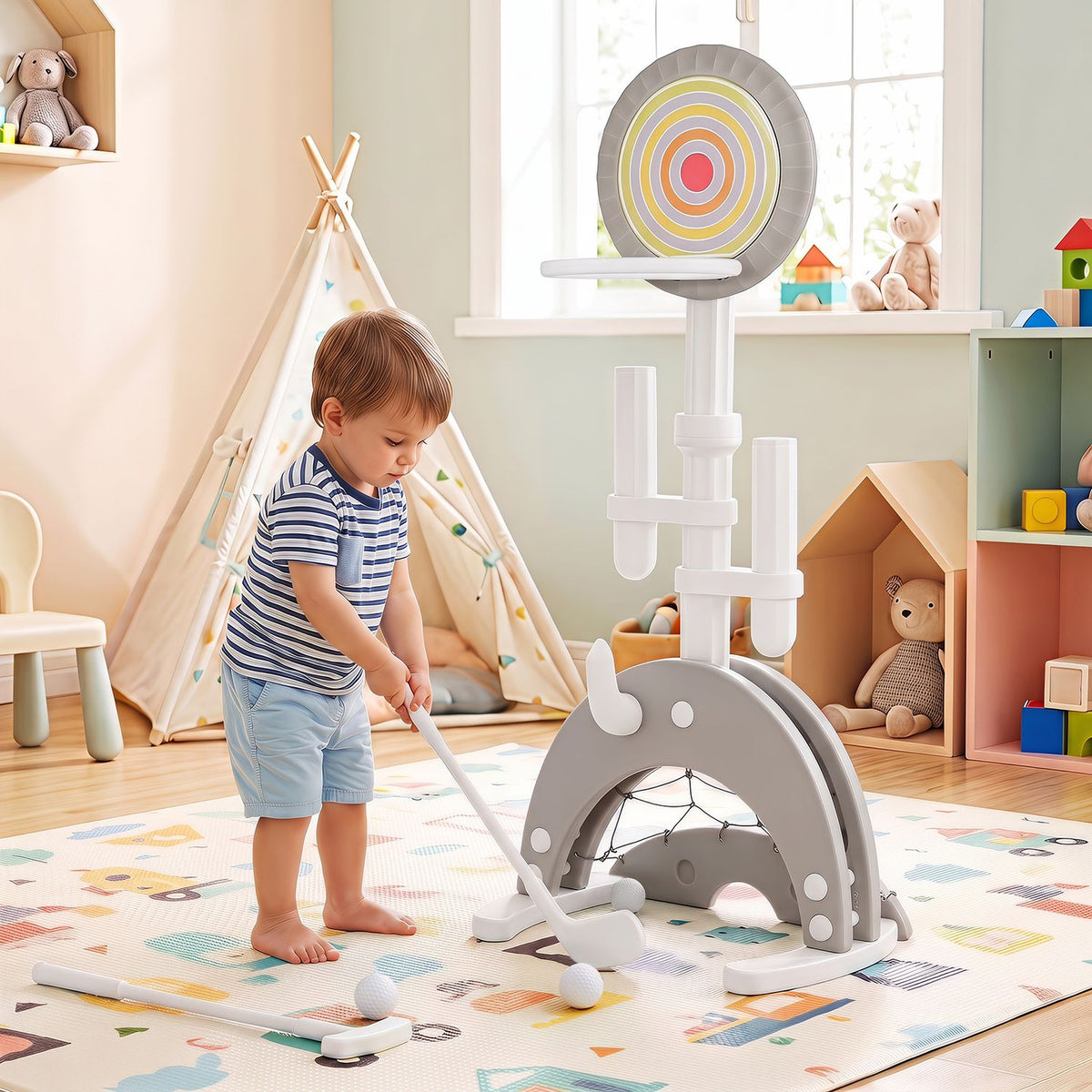 6-in-1 Toddler Basketball Hoop with 8 Adjustable Height for Indoor Outdoor 3+ Years-Gray