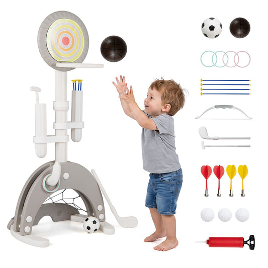 Gray 6-in-1 toddler basketball hoop with adjustable height, designed for indoor and outdoor play for children 3 years and older.