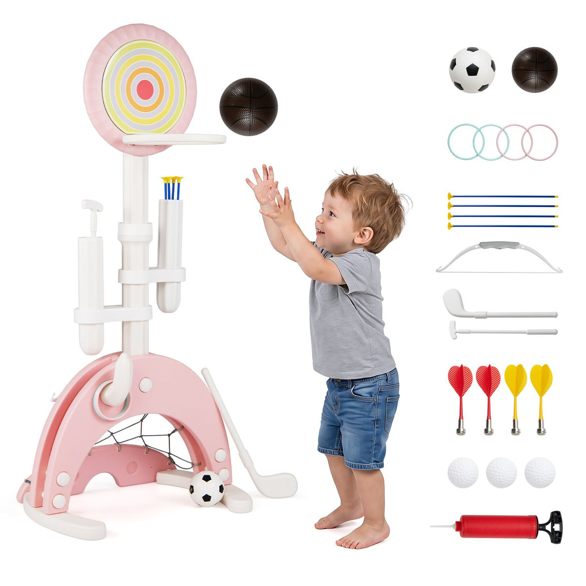 6-in-1 Toddler Basketball Hoop with 8 Adjustable Height for Indoor Outdoor 3+ Years-Gray