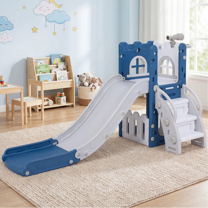 6-in-1 Toddler Slide L-shaped Playground with Basketball Hoop and Ladder-Blue