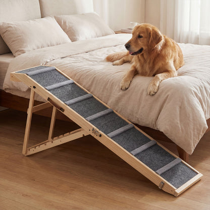 Dark gray 6-level height adjustable foldable dog ramp for high beds and couches, perfect for pet comfort and easy access.