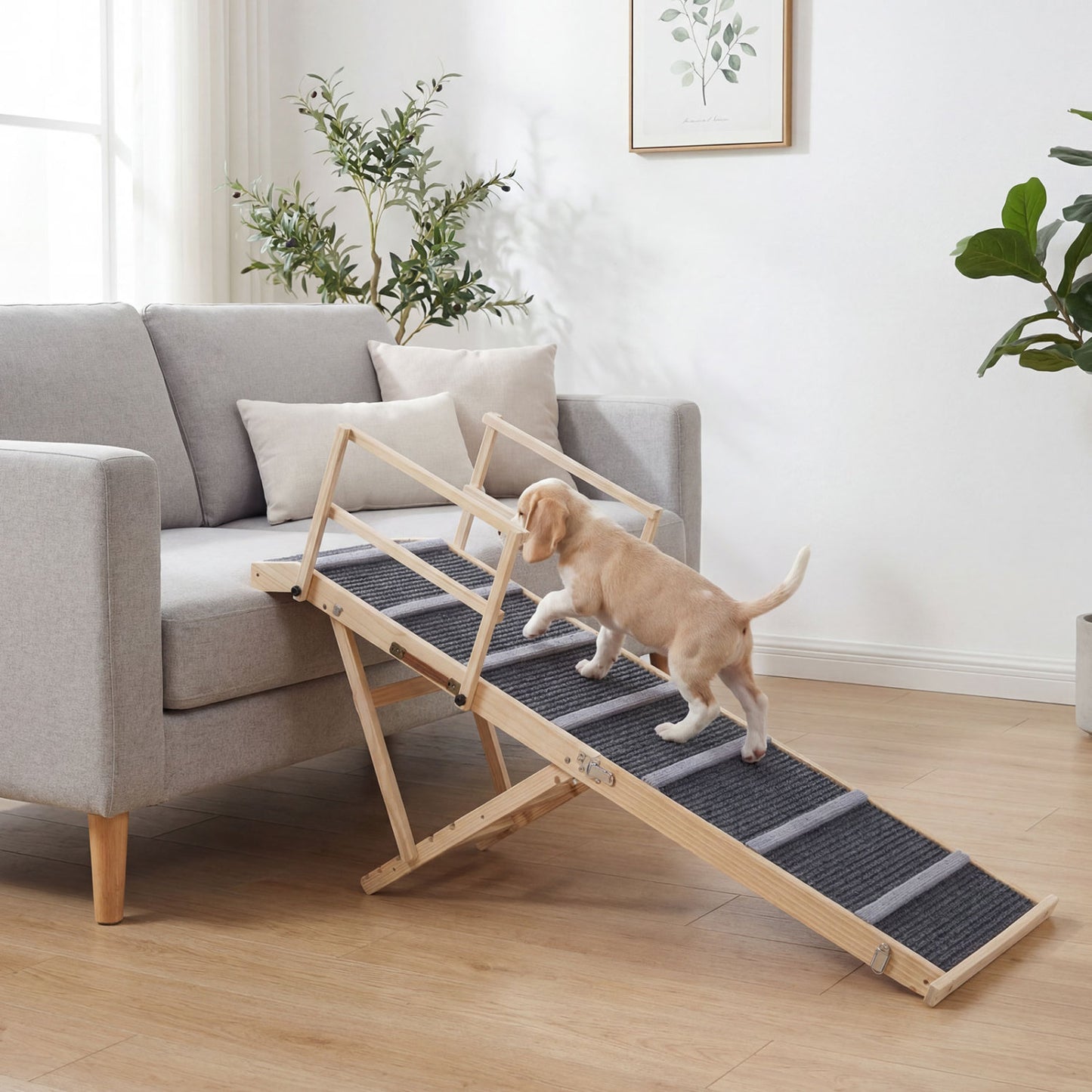 Dark gray foldable dog ramp with 6 adjustable height levels for high beds and couches, designed for easy pet access.